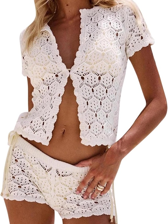 REVOLVE Other - REVOLVE White Crochet Short Sleeve Swim Coverup Set